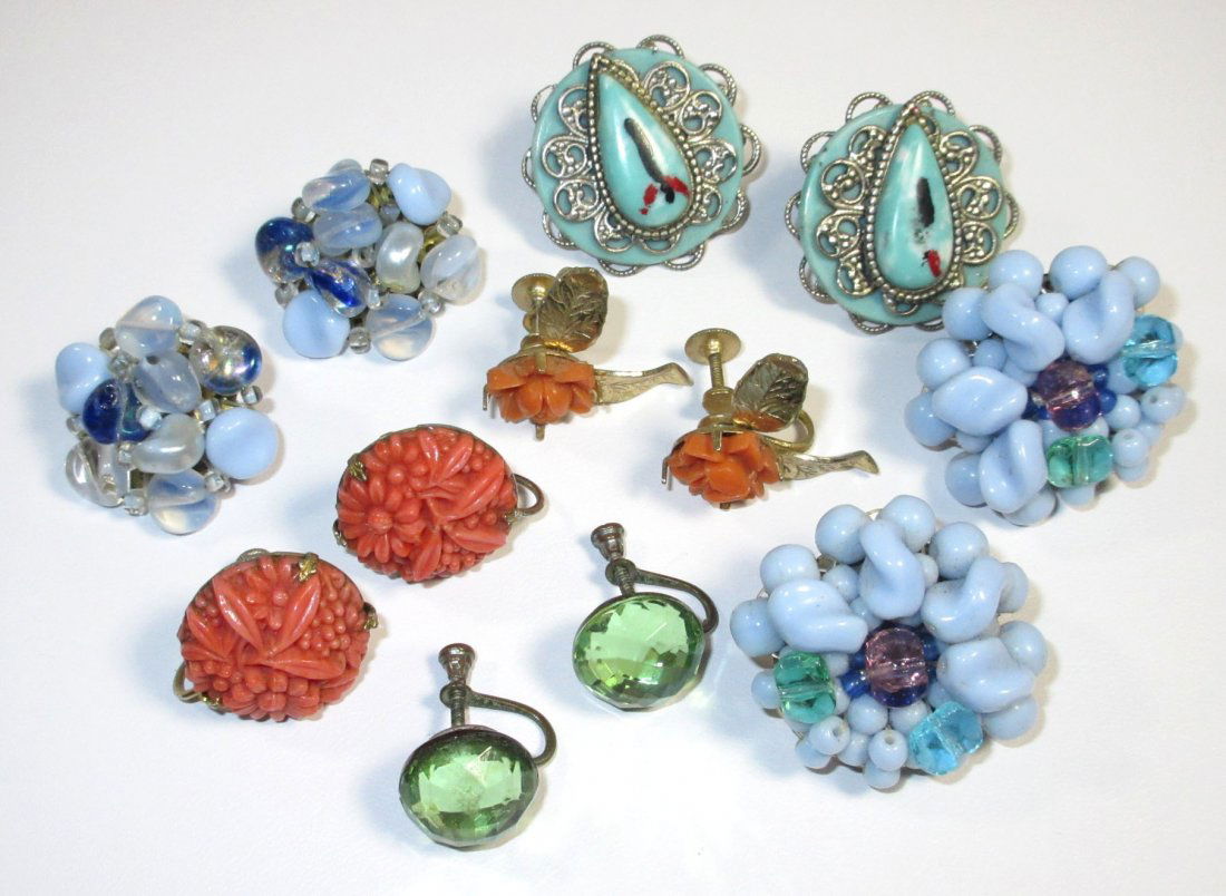 6 Pr.s of Molded Blue, Faux Coral, Domed Earrings (1 of 7)