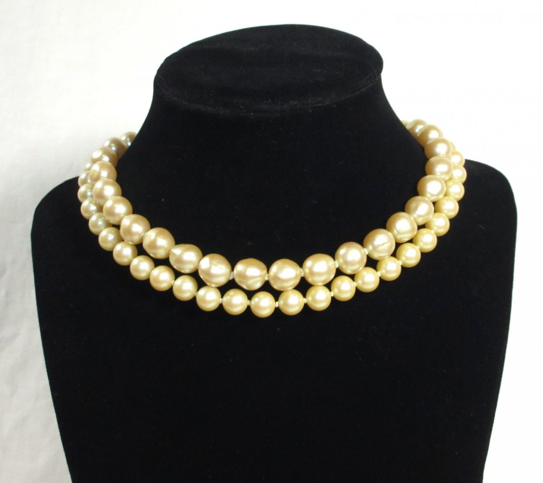 2 Nice Faux Pearl/Rhinestone H.T.'d Choker's: Inc. 15 1/2" Faux Baroque H.T.'d Pearl Necklace with Rhinestone Clasp & 15" H.T.'d Faux Pearl Choker w/ Rhinestone Box Clasp