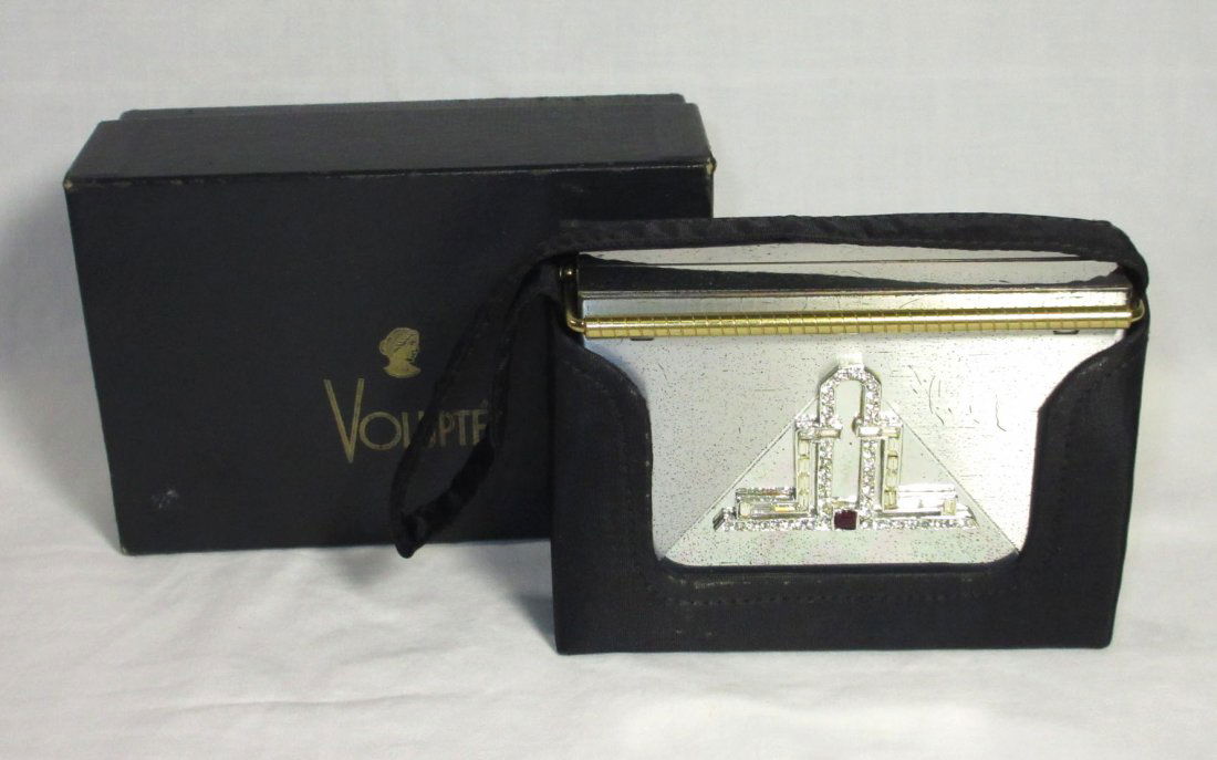 1950's Art Deco Style Demi-Carryall In Orig. Box: 4 1/4" x 3" Silver & Gold Compartment Bag with Art Deco Clasp in Black Faille Carry Case with Handkerchief Pocket. In Original Box.