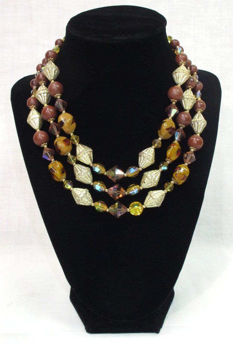Unusual Brown Art Bead Necklace: 3 Strand Brown Art Bead, Amber Glass Cone Bead, Golden AB Bead & Textured Goldtone Bead 14" Choker w/ 3" Ext.
