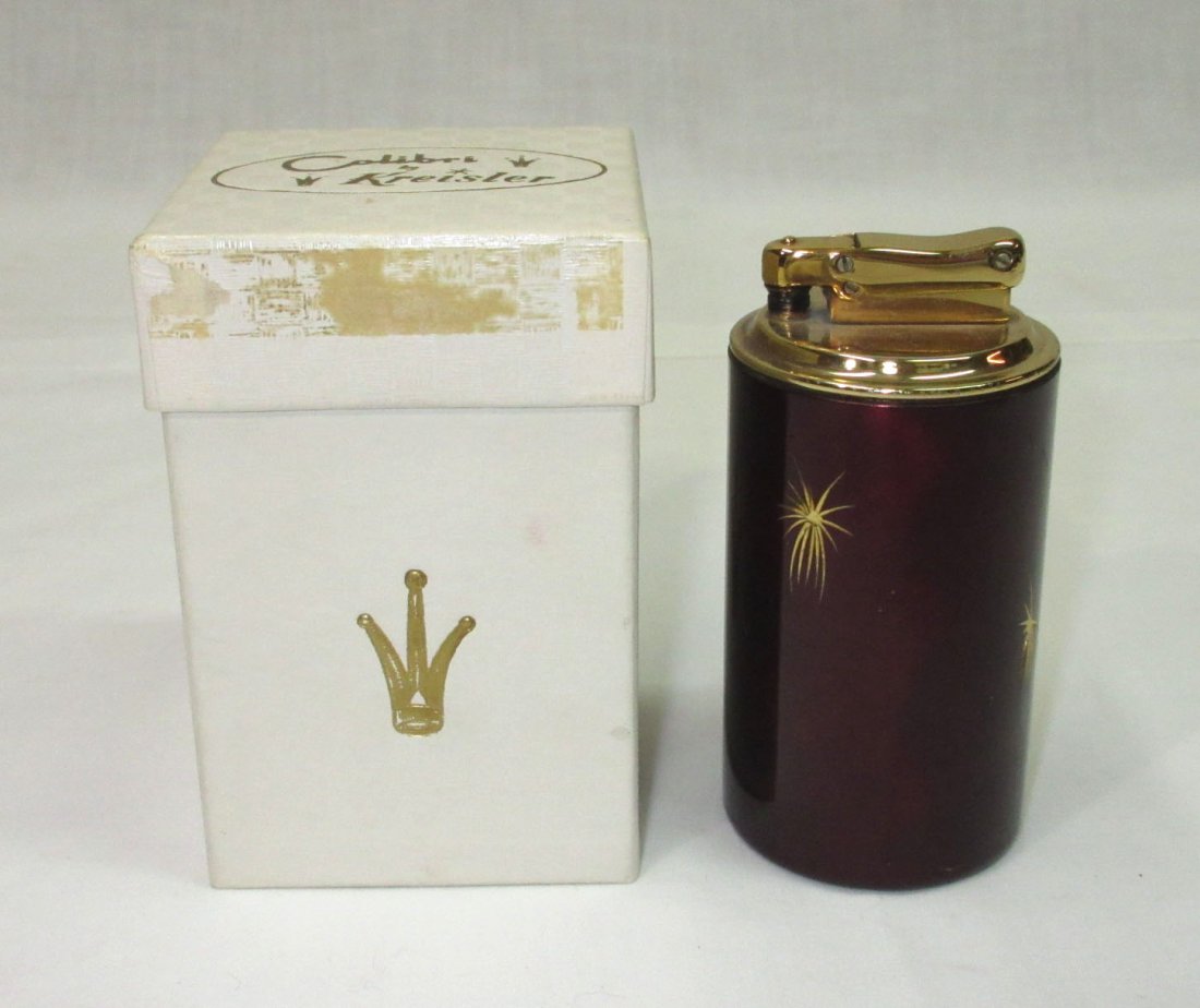 Colibri By Kreisler 60's Table Lighter in Orig. Box: 3" Heavy Wine Enameled & Etched Goldtone Table Lighter Marked Colibri By Kreisler Pat. Pend. With Felt Bottom in Original Box