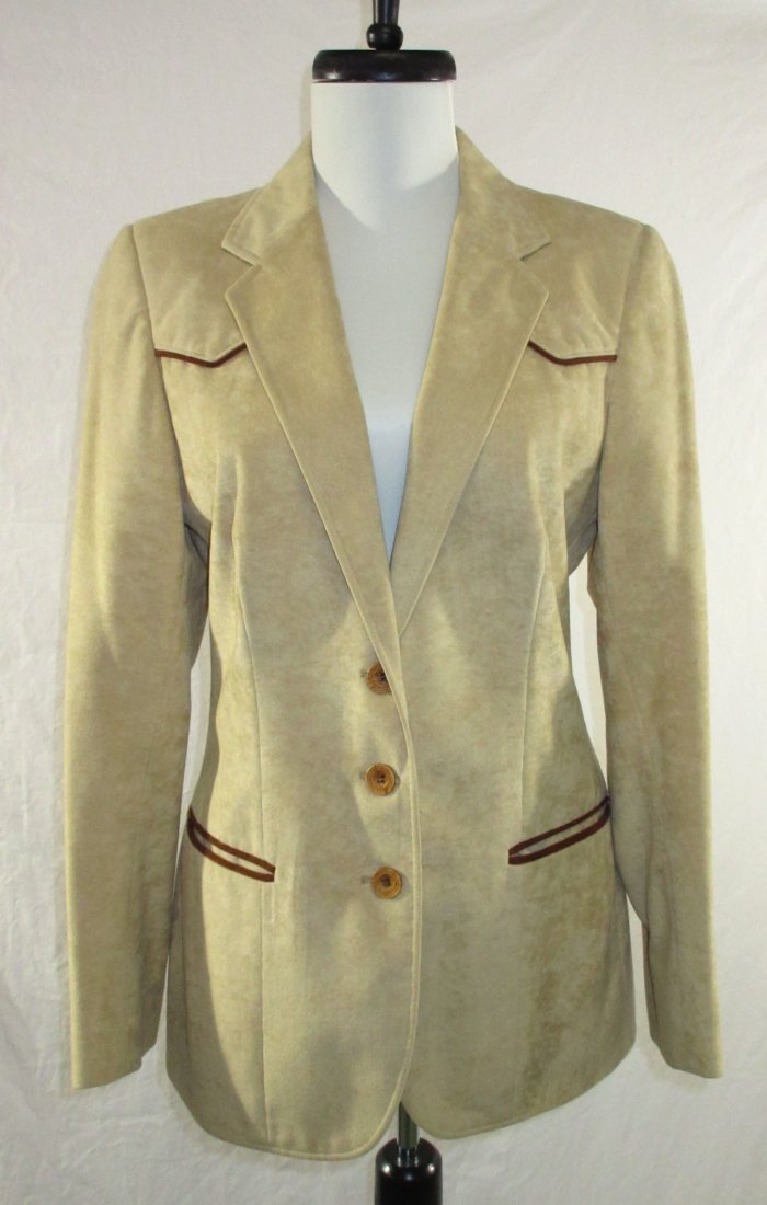 Sachel' Brushed Buff Suede Ladies Blazer: 34/36" Bust, 28" Length, 15" Shoulder & 32" Sleeve From Mid-Neck. Lovely Brushed Suede, Fully Lined Tagged Sachel'.