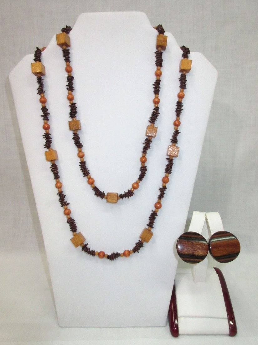 70's Unique Wood/Apple Seed Bead Necklace +: 42" Geometric Wood Bead & Apple Seed Bead Necklace & 1" Lovely Polished Wood Earrings