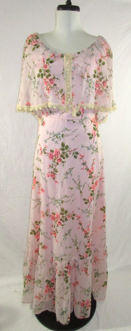 Pink 70's Floral Maxi Dress: 32/34" Bust, 26" Empire Seam, 36/38" Hips & 60" Long Cotton/Poly Pink Floral, Acetate Lined, Crochet Lace Edged Cape Collar, Empire Waist, Flounced Maxi Dress.