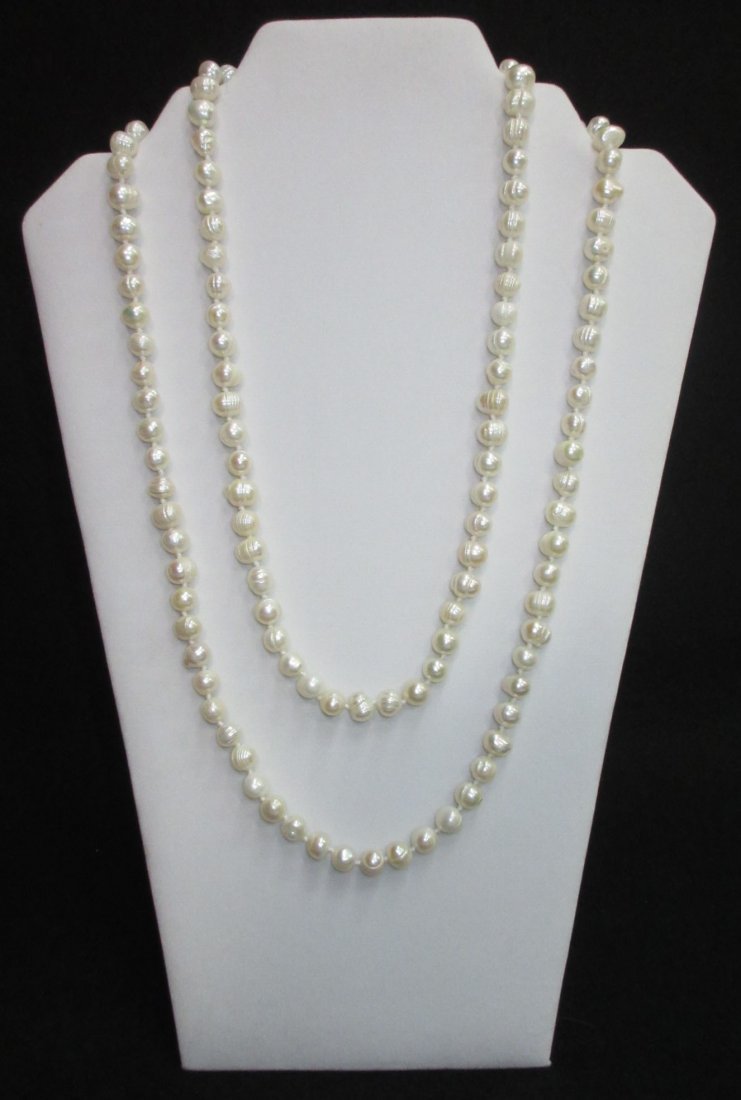 Quality 70's H.T.'d Genuine Circle Pearl Necklace: 46" White Hand Tied 7.5 to 9.5mm Genuine Circle Pearl Quality Necklace