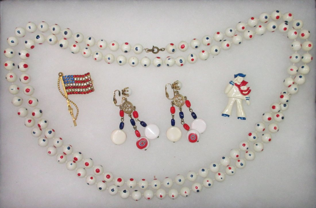 70's Patriotic Jewelry Collection- 4pc: 54" Red/White/Blue Polka Dot Necklace - 2 1/2" Drop Earrings - 2" Rhinestone Flag Pin - 1 1/2" Sailor Pin