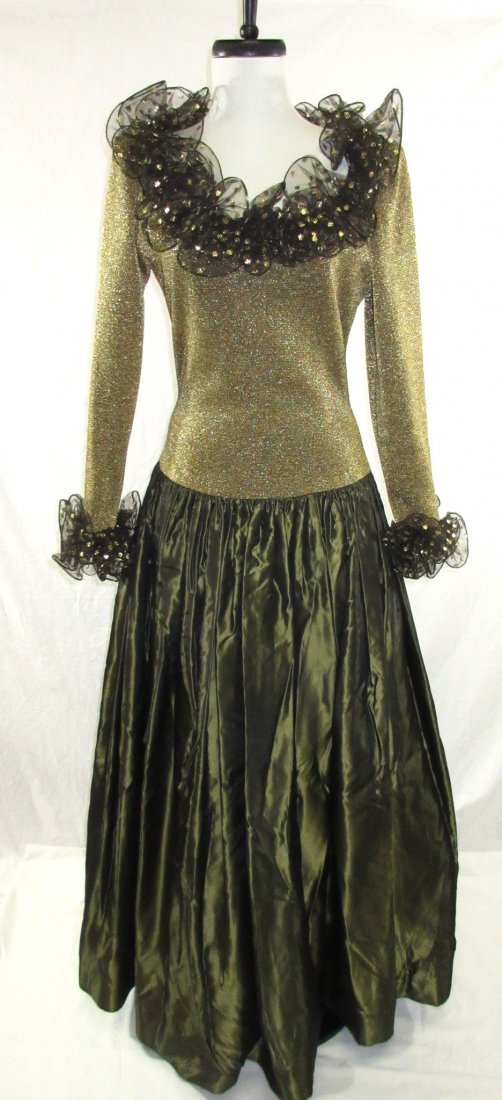 Stunning Oscar De LaRenta Formal 1980's Gown: Luxurious Gold Metallic Lurex Bodice & Acetate Full Olive Green, Lined, Netted, Drop Waist Ball gown, With Black/Gold Net Ruffled Collar & Sleeves. Tagged Oscar De LaRenta- 34/36" Bust, 28" Drop Waist