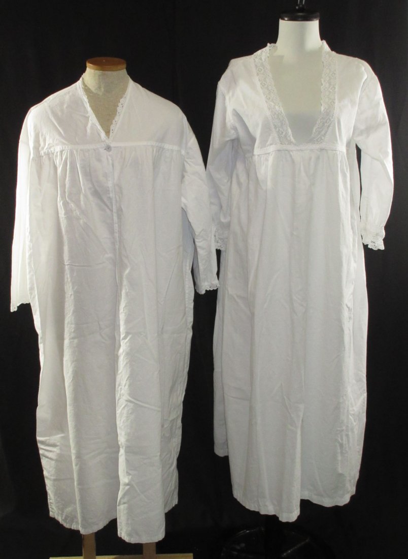 2 Lovely Edwardian Cotton English Nightgowns: A Wonderful Collection of Old English Cotton Nightgowns. Eyelet Lace Accents & Cloth Covered Brass Buttons. Bust-40 & 56" - Shoulder's 19 & 22" - Length's of 47" & 49