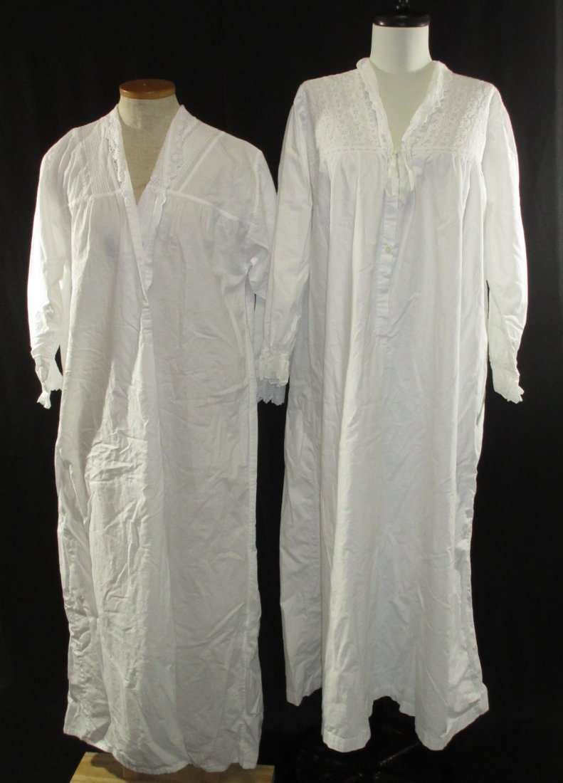 2 Lovely Edwardian Cotton English Nightgowns: 2 Lovely Old English Cotton Nightgowns with Eyelet Lace Accents & Cloth Covered Brass Buttons. Bust 42" & 44", Shoulder's 15" & 19" & Lengths of 49' & 51"