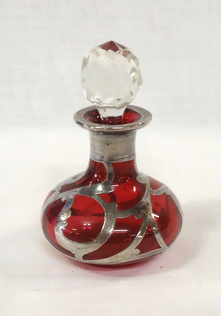 Cranberry w/ Sterling Overlay Perfume Bottle (1 of 3)