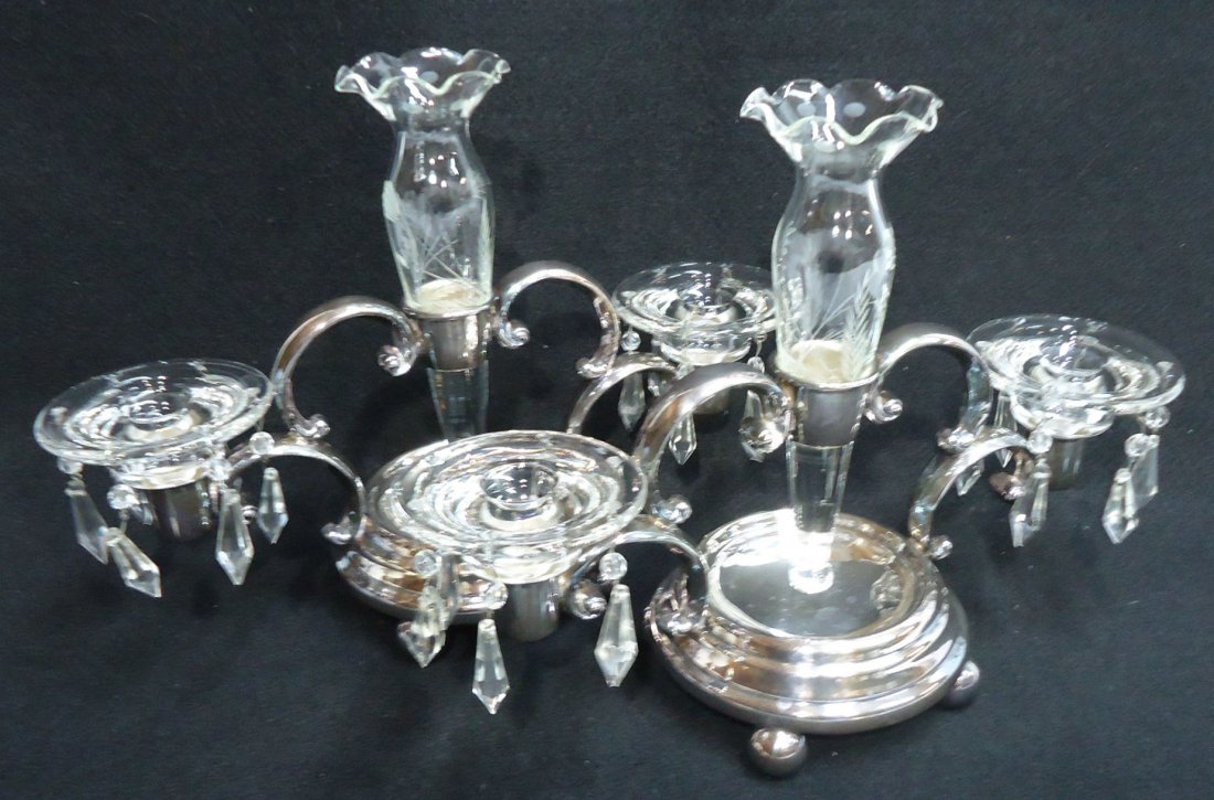 Pr. S.P. & Cut Glass Epergne Candelabras: 9" T x 12" W