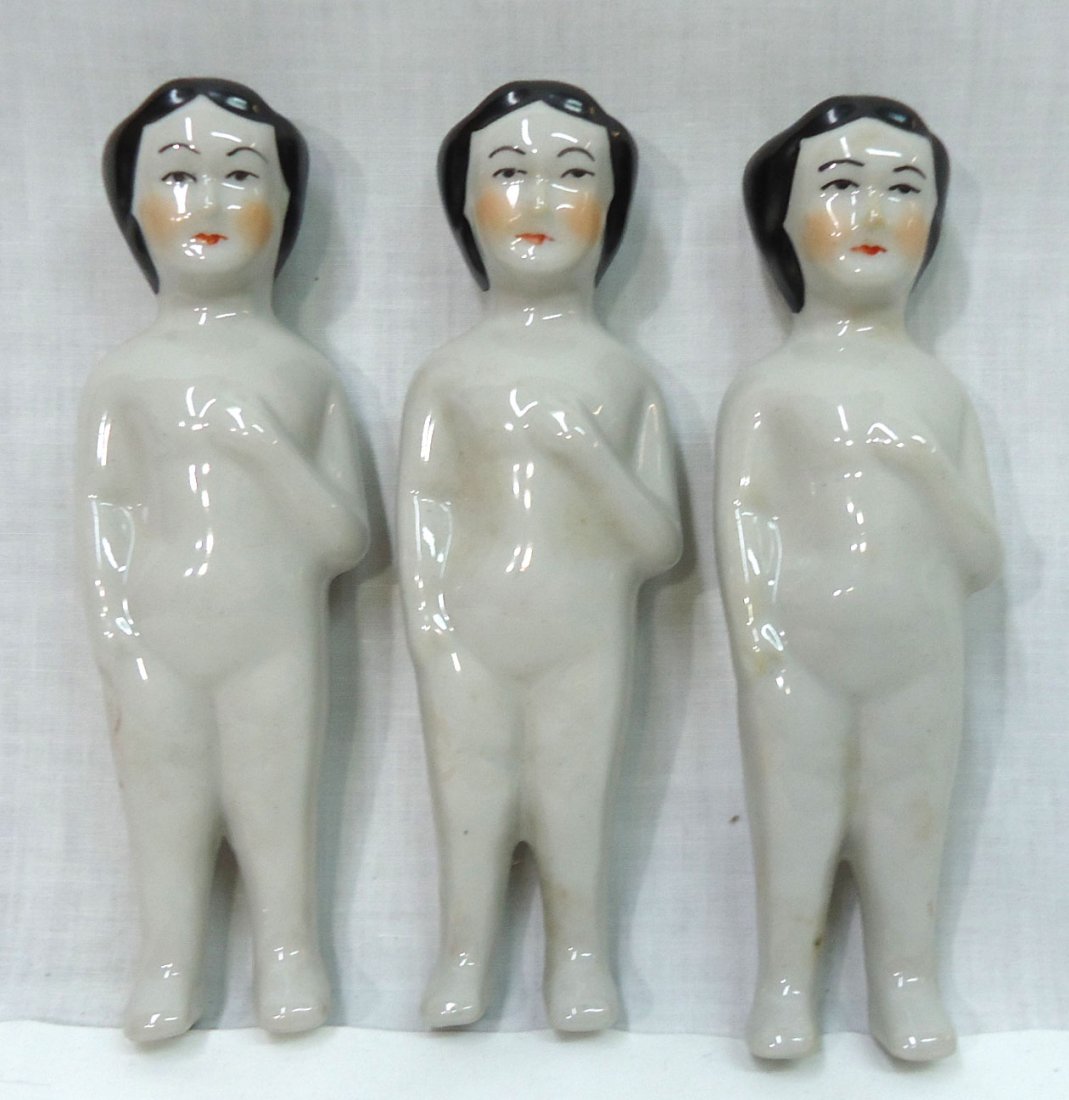 3 English Frozen Charlotte Dolls: mkd Clarice Cliff 6 1/4"T x 2"W