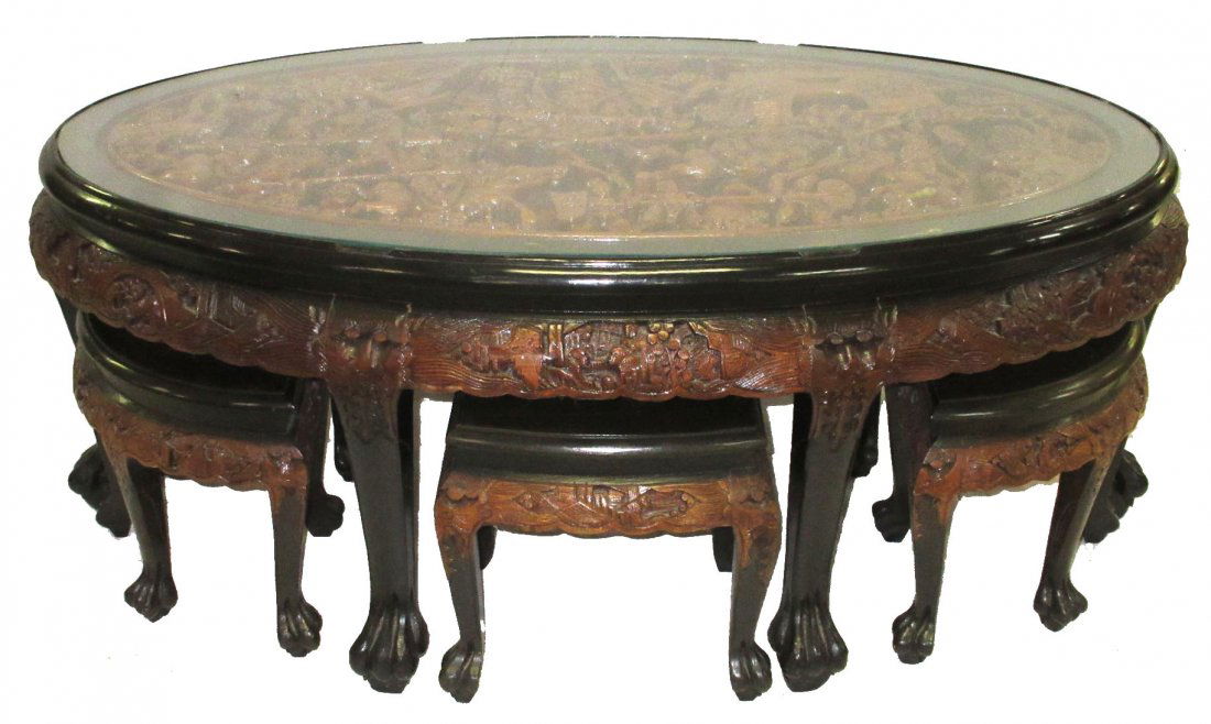 Heavily Carved Oriental Low Table & 6 Seats (1 of 8)