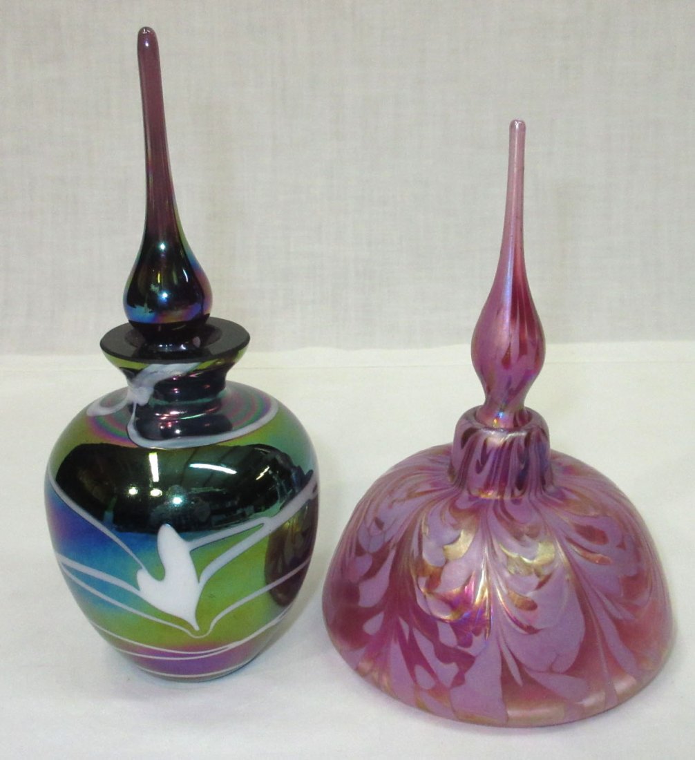 2 Art Glass Perfume Bottles: 6 1/2"T x 2 3/4", 5 1/2"T x 3 3/4"W