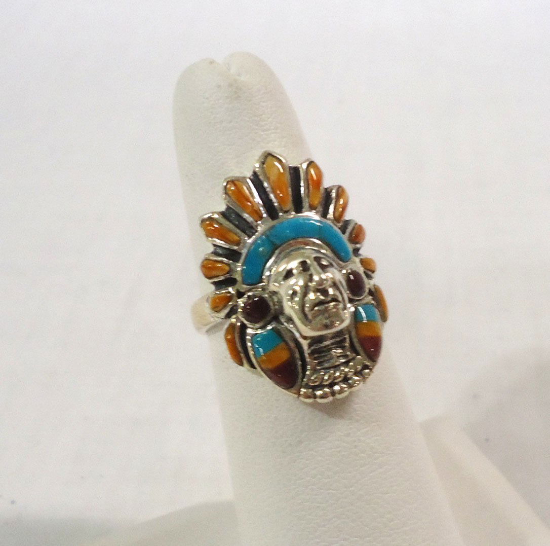 Sterling, Turq., & Coral Indian Chief Ring (1 of 3)
