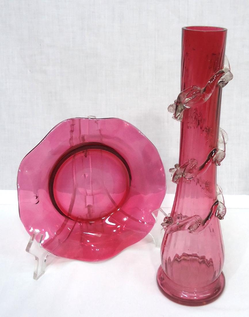 2pc Victorian Cranberry Glass: 11" Vase- 6" Dish