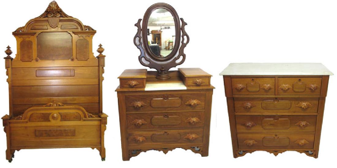 Walnut Vict. Bed, Chest, & Dresser: Dresser 66 1/2"T to top of mirror x 38" x 19", Chest 40"T x 41 3/4"W x 18"D, Headboard 94"T x 62"W, Inside measure of bed 54" x 76"