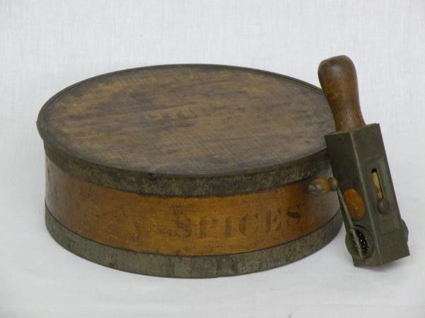 Spice set & nutmeg grater: both ca. 1900, 9 piece spice set, 9 ½"d; grater, 6 ¼";