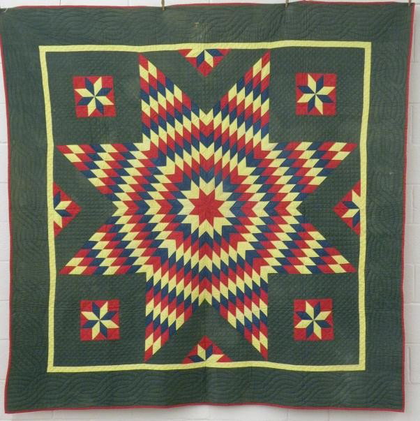 Starburst pattern quilt: ca. 1900, pieced with large central star and small stars surrounding, attributed to Katherine Keller (Mrs. Abraham B) Hess (1856-1929), Ephrata Twp., Lancaster Co., PA, cotton front and printed cotton
