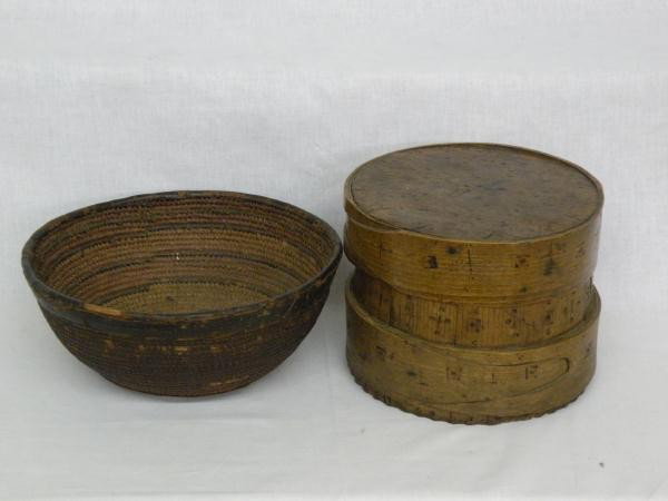 Pantry box and basket: both ca. 1850-1900, pine & hickory pantry box with staved construction, punched decoration, and chip-carved base, 9 ¾"x 7 ½"; straw basket with leather binding & bottom, "Native American History Mus
