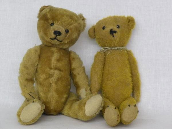 2 mohair teddy bears: both ca. 1930; both jointed, 12", (1) "Bernhard Hermann";