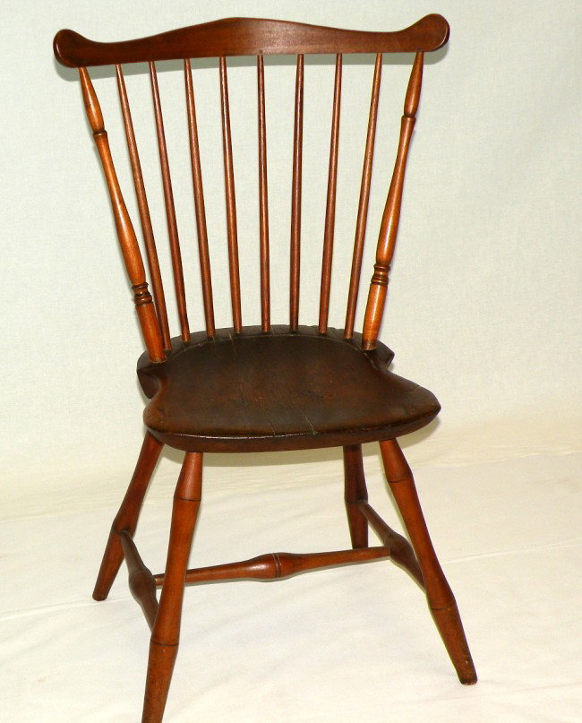 Windsor chair: ca. 1810; fan back Windsor with saddle seat and bamboo turned legs & stretcher, 36", 17 ½" seat height;