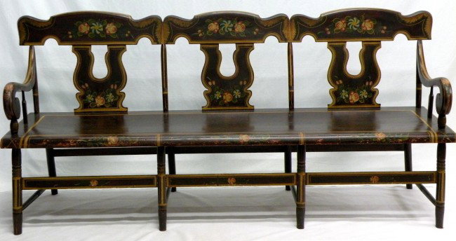 Paint decorated settee: ca. 1840-65; settee with original roses & blue pinwheel decoration, mahogany graining, branded George Nees (Manheim & Sporting Hill, Lancaster Co., PA), 77 ½"x 36 ¼"x 21 5/8";