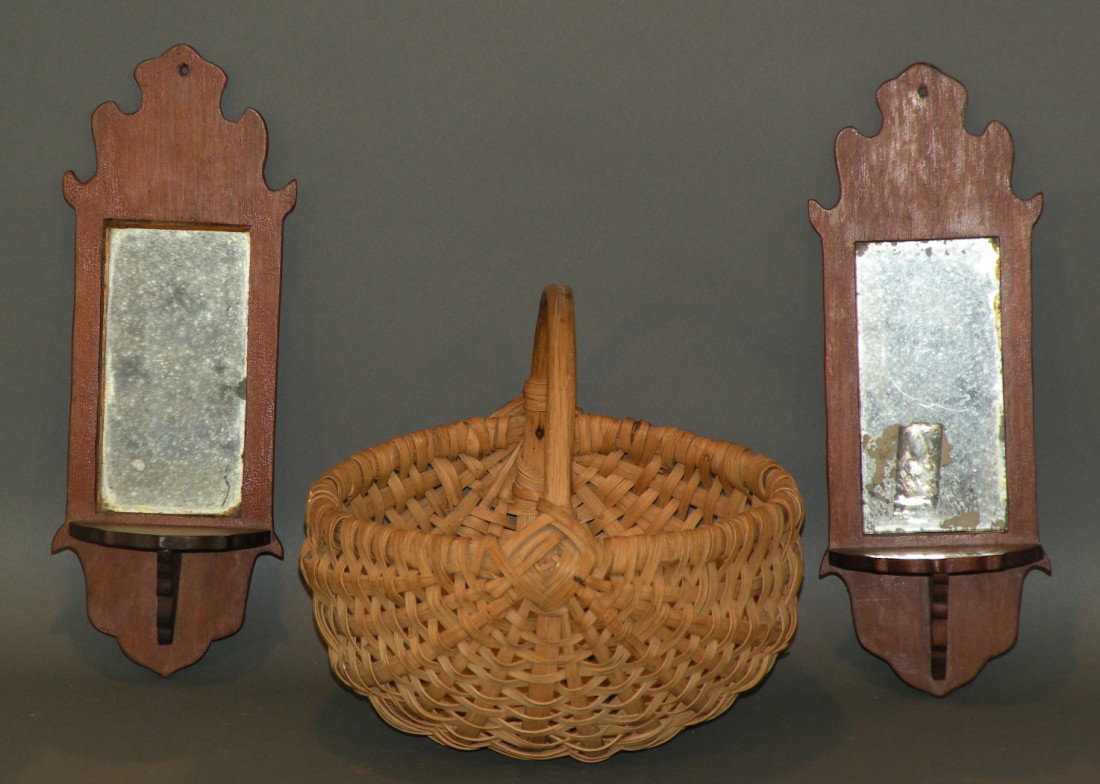 Splint basket & pair of candle shelves: ca. 1880-1940; oak splint egg basket with bentwood handle from Mohn's Hill (Berks Co., PA), 9"x 8 ¼"x 8"; pair of mahogany Chippendale style mirrored candle shelves, 4"x 2"x 10 ¾";
