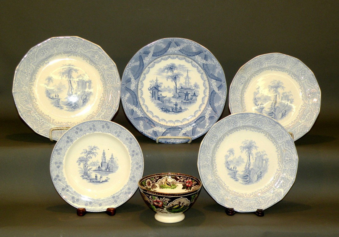 6 pieces of transfer china: ca. 1860-1910; ironstone "Mesina" plate printed "Opaque China WC&P" (Wood, Challinor & Co.) 8 ¼"d; ironstone "Amoy" plate printed "WR" (Wm. Ridgway) 10 ½"d; 3 "Temple" ironstone plates printed "T. E