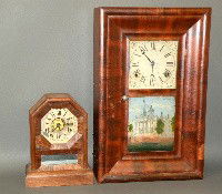 Welch & Seth Thomas miniature clocks: ca. 1860-85; ogee 8 day time & strike spring driven movement by E.N. Welch with painted metal dial & silk screened lower glass in mahogany veneered case, 18 ½"x 11 ½"; Seth Thomas cottage clock in m