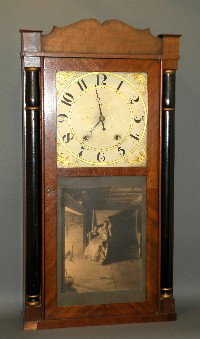 Seth Thomas wood works shelf clock: ca. 1830; 30 hour wooden weight driven time & strike movement in mahogany veneered looking glass case with half columns wood dial & splat top, 34"x 17 ½";