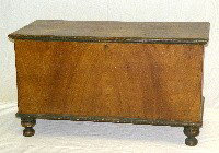 Pennsylvania paint decorated blanket chest: ca. 1820-50; pine dovetailed chest with turned feet, butt hinges, lock, escutcheon & brown over mustard paint with green trim & feet, 43 ½"x 21 ¼"x 24 ½";