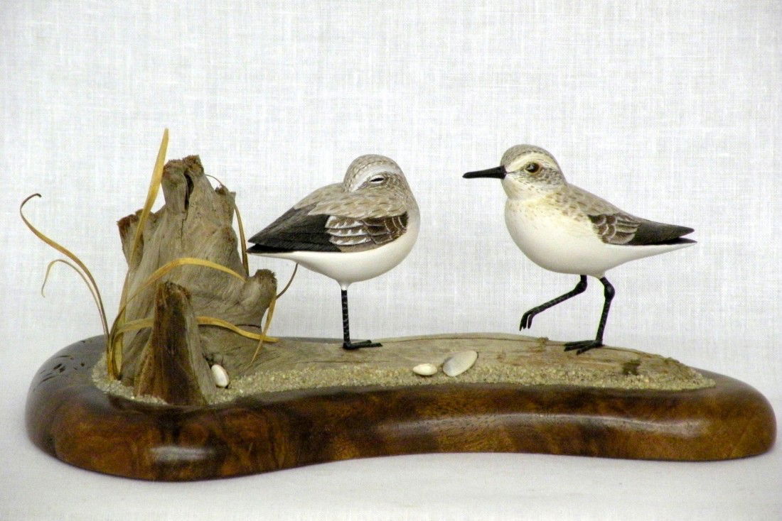Pair of miniature M.K. Scheel sandpiper carvings: ca. 1978; signed "M.K. Scheel 78", 1 in a sleeping pose, 1 standing with a foot raised, driftwood base with sand, grasses & sea shells, birds 2 ½";
