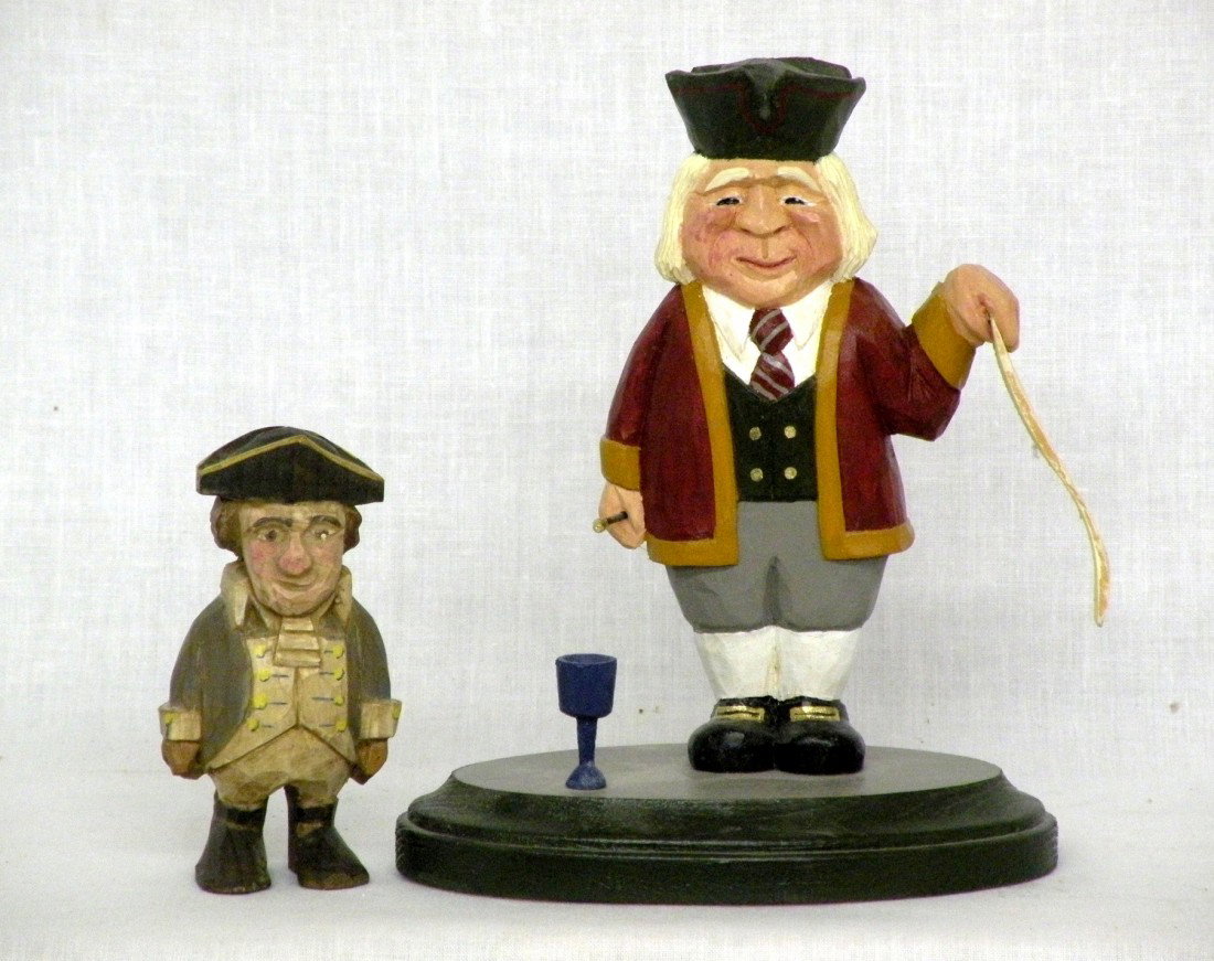 Baron Stiegel & bicentennial carving: ca. 1970-90; baron stiegel carved by Doug Shaw dated 1999, 7"; bicentennial figure by Arthur Shoemaker dated 1977, 4";
