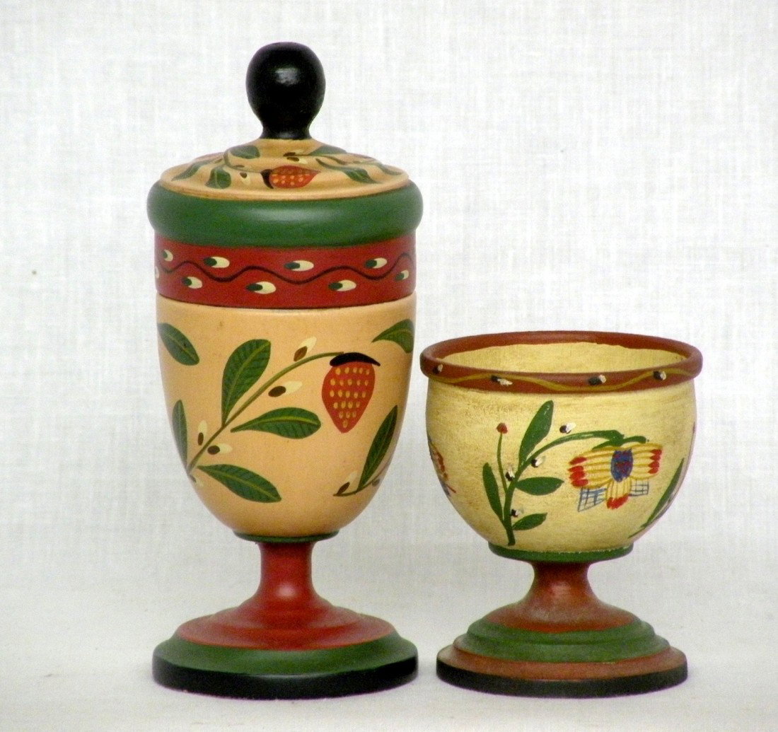 Wood carved canister & egg cup: ca. 1900's; small turned canister with lid signed "JRD" (John R. Dierwechter, Schaefferstown, PA), 5 ½"; egg cup signed "JEG", 3";