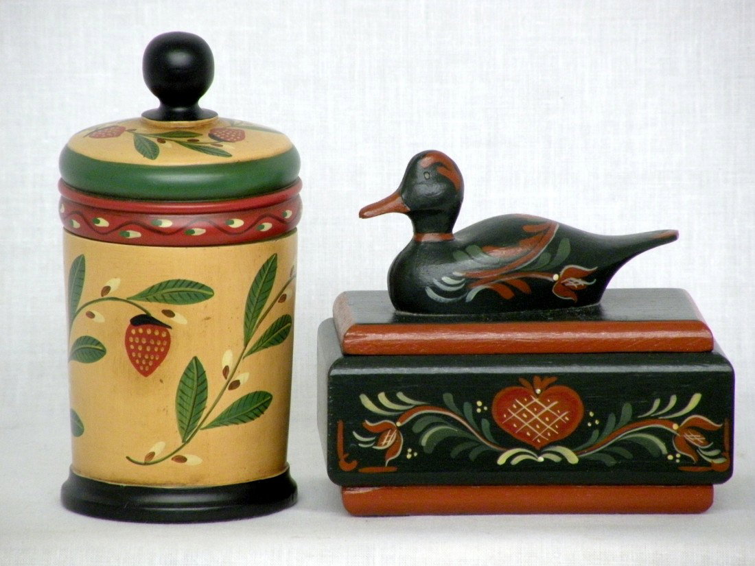 Wood carved canister & box: ca. 1900's; small canister with lid signed "JRD" (John R. Dierwechter, Schaefferstown, PA), 5 ½"h; small wooden box with duck on lid signed "BB" with PA Dutch painted style, 4 ½"x 3";