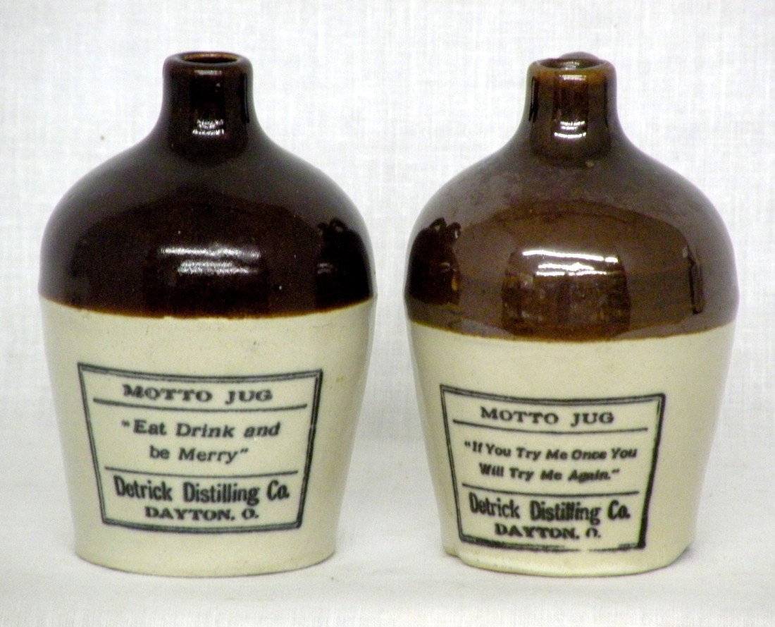 2 miniature stoneware advertising jugs: ca. 1910; brown & white Bristol type glaze for "Detrick Distilling Co, Dayton, O", 4 ½"h, 3 1/8"d;