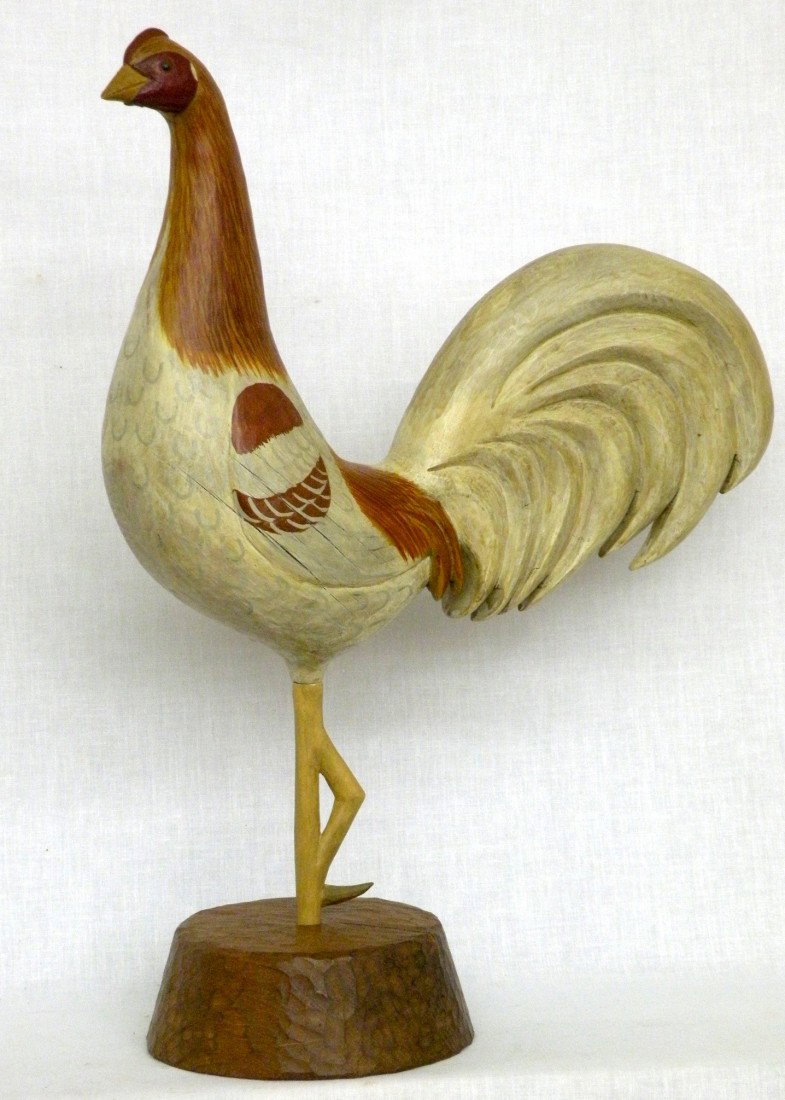 Hollinger carved chicken: ca. 1990's; solid wood carved signed "Red Pyle Game Theodore H. Hollinger" (Manheim, PA) with carved eyes & slightly turned head, 18"x 13";