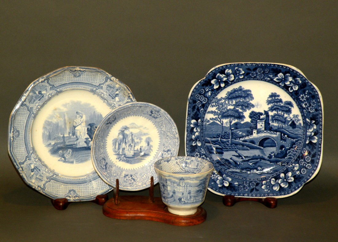 4 pieces of blue transfer china: ca. 1865-1930; ironstone plate with printed mark "Corrella B&S" (Barker & Son), 8 ½"d; ironstone cup 3 5/8"d, 3"h and saucer 3 5/8"d, 1 ¼"h with printed mark "Columbia"; blue transfer earthenware pl