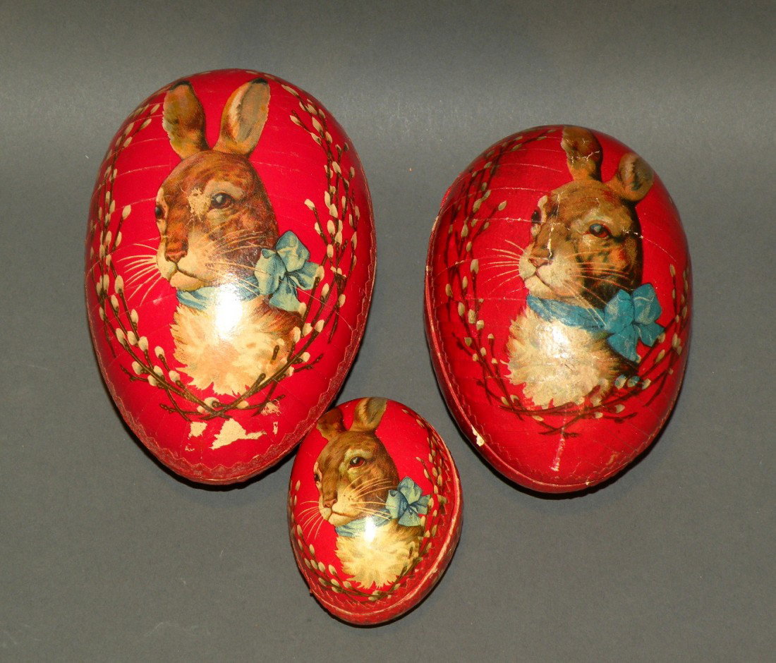 Nesting set of 3 papier mache eggs: ca. 1910; with rabbits, 2 ½", 5" & 5 ½";