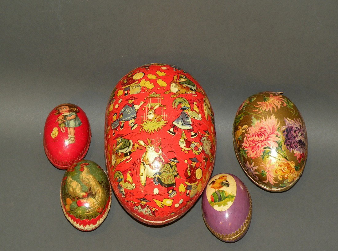 5 German papier mache eggs: ca. 1910-20; depicting children, flowers, chickens and china men with rabbits, 3"-8";