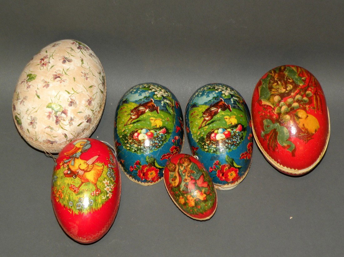 5 German papier mache eggs: ca. 1910-30; depicting rabbits, flowers and a duck, 3"-6";