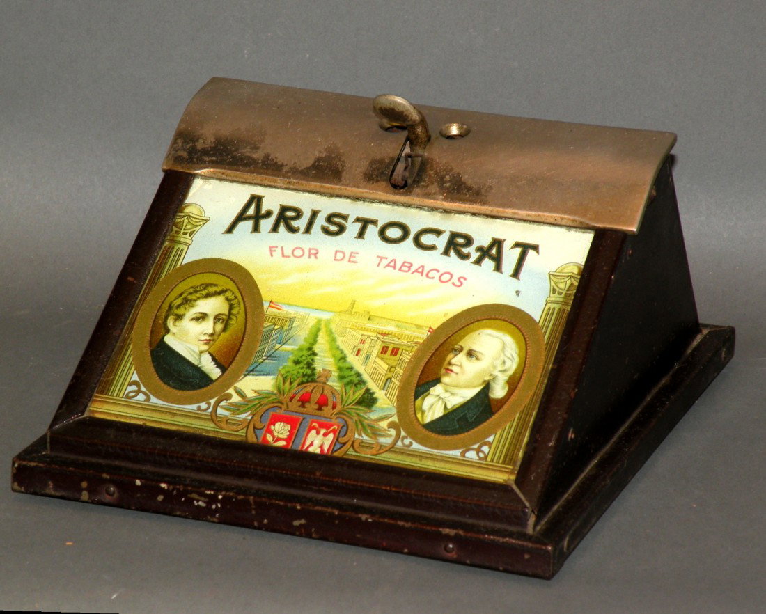 Iron & tin cigar cutter: ca. 1900-20; advertising "Aristocrat" cigars, 7 ¼";