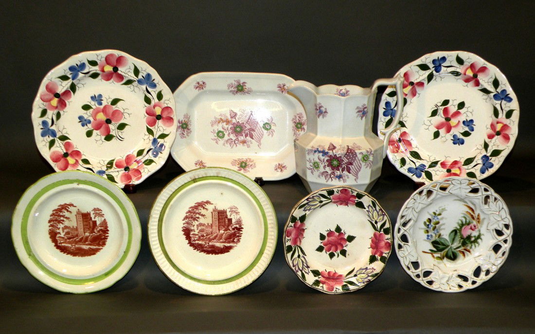 8 pieces of china: ca. 1800's; ironstone pitcher and platter with U.S. flag and liberty cap in mulberry transfer with green and yellow details, platter 7 ½"x 10" and pitcher with impressed mark "Opaque Granite China WR