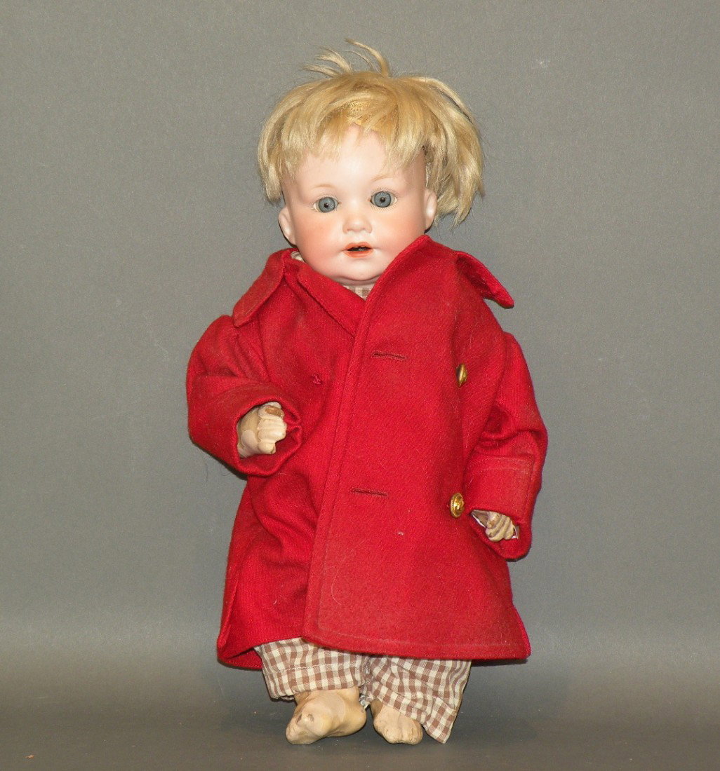 A&M Bisque head doll: ca. 1910; with sleepy eyes, composition body, open mouth, Naval motif coat and marked "971 A-2-M", 13";