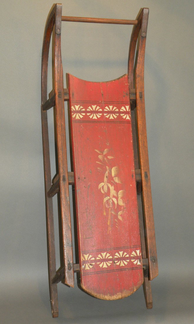Child's wooden sled: ca. 1890; with decorated seat, 36";