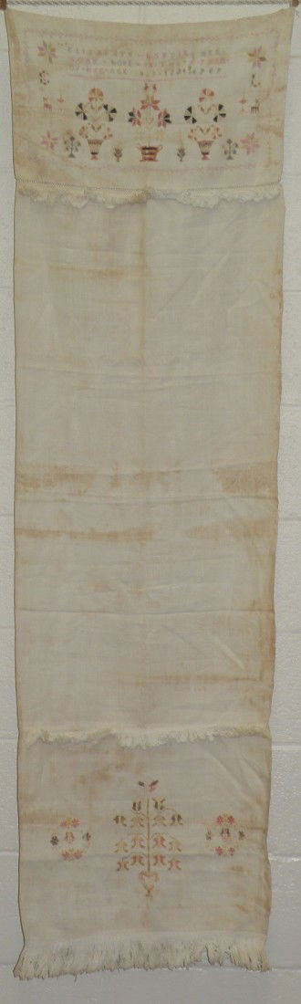 Elizabeth Landis 1829 show towel: ca. 1829; wool and linen cross stitched on linen ground by Elizabeth Landis on her 9th year, 62"x 18 ½";