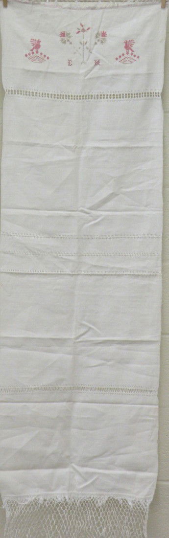 3 pieces of linen: ca. 1840; decorated hand towel initialed "EH" with buds and flowers, 52"x 17"; homespun linen 74"x 80" and tow sheet, 52"x 86";