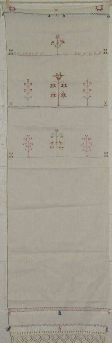 3 show towels: ca. 1830-54; decorated hand towel by Anna Wolf 1843, 64"x 17"; wool cross stitched on linen flowers, name and dated "1854 Anna ELH Lehman" and "Think of Me" with cotton fringe top and bottom, 58"x 16