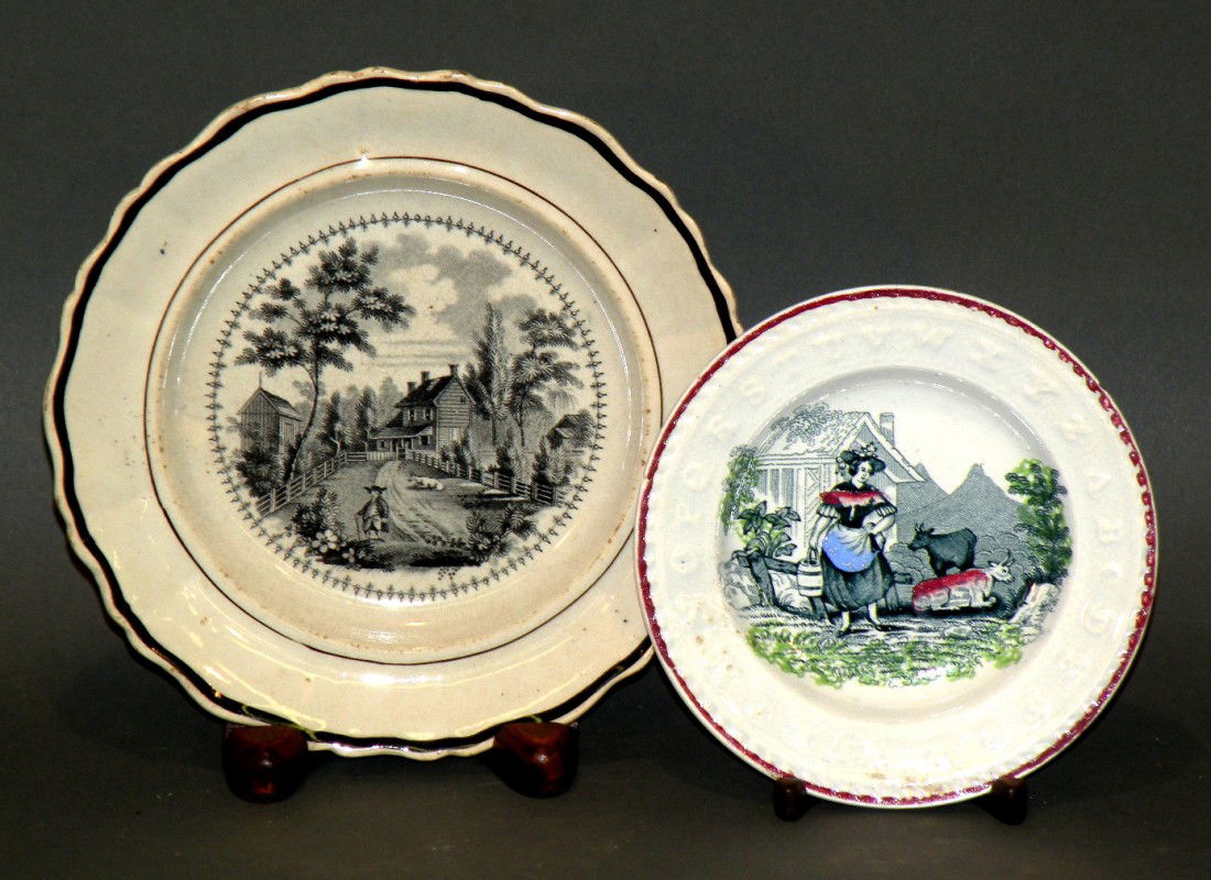 ABC & historic transfer plates: ca. 1830-50; pearlware child's ABC plate with polychromal transfer of woman and cows in blue, green, red and teal, 5"d; pearlware black transfer printed "The Residence of the Late Richard Jordan New J